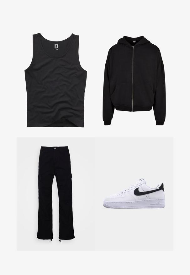 Sudadera negra con cremallera, con capucha, mangas largas y dos bolsillos frontales. Fabricada en una suave mezcla de algodón con puños y dobladillo acanalados.; Top negro sin mangas hecho de una tela suave, con un escote redondeado y sisa, con un diseño liso y sin patrones ni acentos visibles.; Pantalones cargo negros con un diseño de pierna recta, que cuentan con dos bolsillos laterales y bajos ajustables con cordón. Confeccionados en tejido duradero.; Zapatilla blanca de cuero con un Swoosh negro texturizado, cordones planos y una suela de goma con un patrón estriado. "AIR" está grabado en el talón.