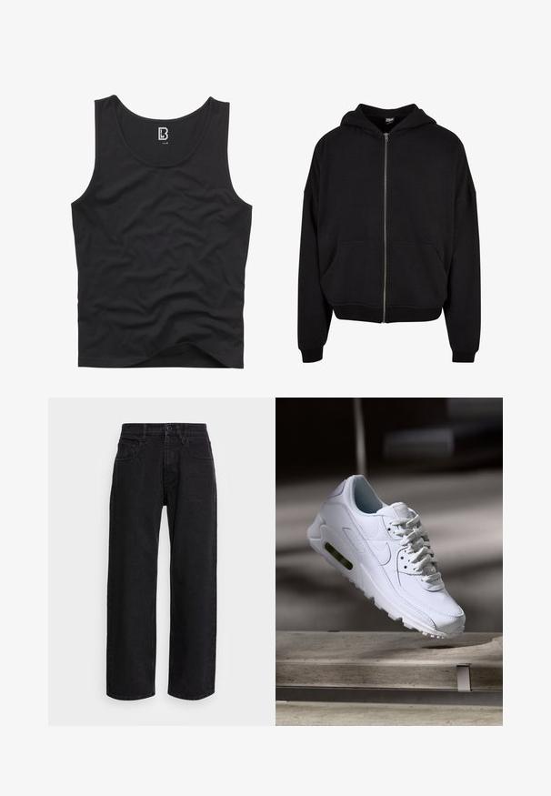 Sudadera negra con cremallera, con capucha, mangas largas y dos bolsillos frontales. Fabricada en una suave mezcla de algodón con puños y dobladillo acanalados.; Top negro sin mangas hecho de una tela suave, con un escote redondeado y sisa, con un diseño liso y sin patrones ni acentos visibles.; Pantalones de mezclilla anchos negros con cintura alta, que cuentan con cinco bolsillos y un cierre de botón. La tela tiene una textura suave y un ligero estiramiento.; Zapatilla blanca de piel con superficies texturizadas, cuello acolchado y amortiguación de aire visible en la suela. Presenta cordones y un diseño minimalista.
