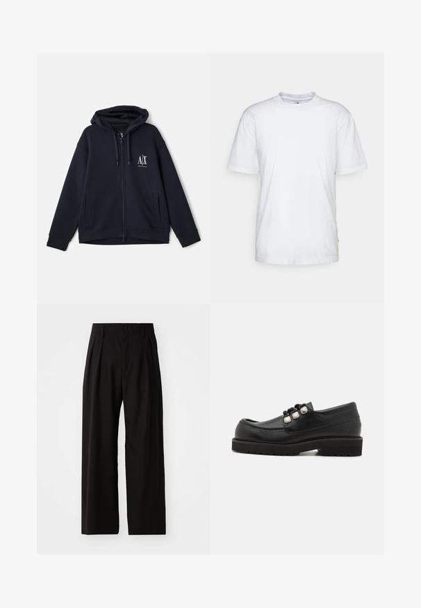 Sweat-shirt à zip bleu marine en tissu doux, avec un logo sur le devant, deux poches latérales et une capuche réglable avec cordon. Design à coupe décontractée.; T-shirt en coton blanc avec un col rond, des manches courtes et un ourlet droit. Présente une petite étiquette de marque sur la couture latérale gauche.; Pantalons larges noirs avec une texture lisse, dotés de deux plis avant, d'une fermeture à bouton et de poches latérales. Tissu durable.; Mocassins en cuir noir avec un bout arrondi, présentant trois accents métalliques et une semelle texturée pour une meilleure adhérence. Tige lisse et détails cousus.