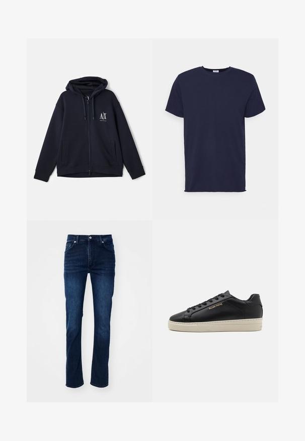 Navy zip-up huppari pehmeästä kankaasta, jossa on etulogo, kaksi sivutaskua ja säädettävä nyörihuppu. Rentomallinen muotoilu.; T-paita tummansinisestä pehmeästä kankaasta, lyhythihainen. Ominaisuuksiin kuuluu pyöreä kaula-aukko ja suora leikkaus ilman kuvioita tai yksityiskohtia.; Tummansiniset farkut suoran lahkeen istuvuudella, joissa on klassinen viiden taskun muotoilu ja hienovaraiset ompeluyksityiskohdat.; Musta nahkakengät, joissa on sileä pinta, kontrastoiva kerma värinen pohja, pyöreä kärki, kultainen logo sivussa ja kuusi reikää nauhoille.