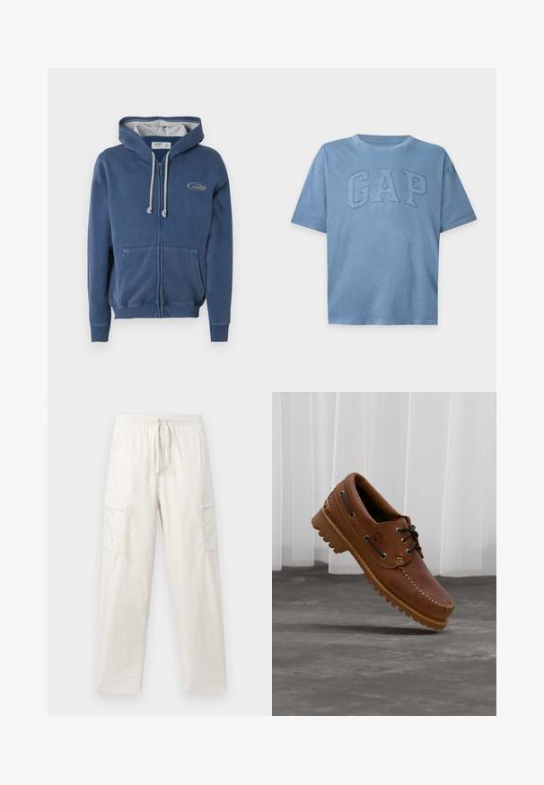 Sudadera con capucha azul con cremallera, hecha de material suave. Cuenta con una capucha forrada en gris, bolsillos delanteros y un pequeño parche con el logo en el pecho.; Camiseta azul de manga corta con cuello redondo y logo GAP bordado en relieve en el pecho, mostrada sobre un fondo liso.; Pantalones cargo de color beige claro, confeccionados en una mezcla de algodón; cuentan con una cintura elástica, cordón y dos bolsillos laterales para mayor utilidad.; Zapato náutico de cuero marrón con cordones negros, costuras beige y una suela resistente, suspendido sobre un suelo de hormigón gris.