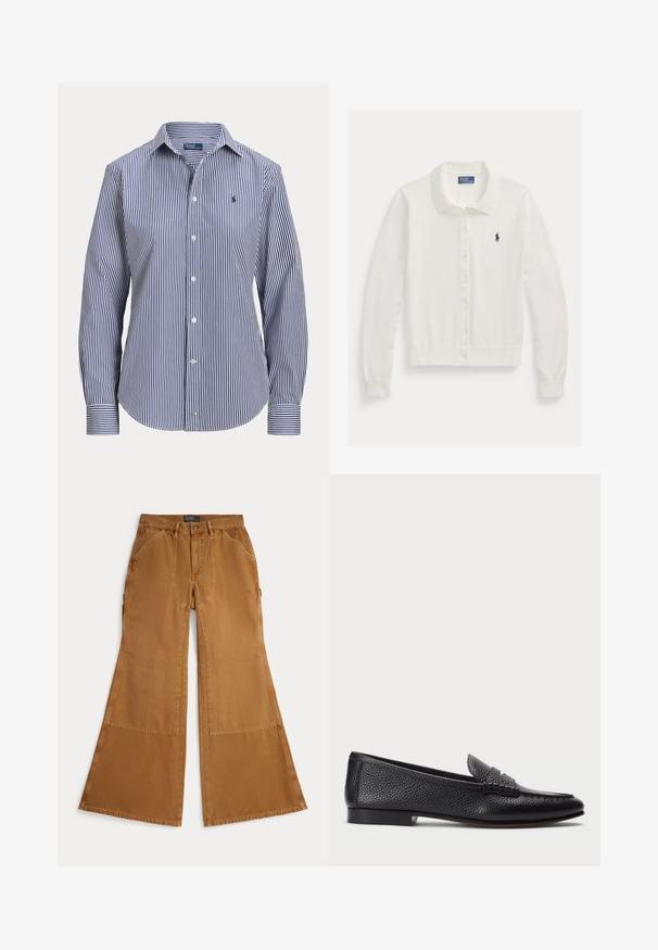 Hvid cardigan med polo-krave, der har knapper foran, lange ærmer og et lille navy-logo på brystet. Blød strikket tekstur.; Langærmet skjorte med blå og hvide lodrette striber, krave og lille broderet logo på brystet.; Brune viddebukser lavet af bomuld med lapdetaljer, knaplukning og skrå lommer foran. Glat tekstur, afslappet design.; Sorte læder loafers med struktureret finish, der har en dekorativ rem og flad hæl. Slank, minimalistisk design med rund tå.