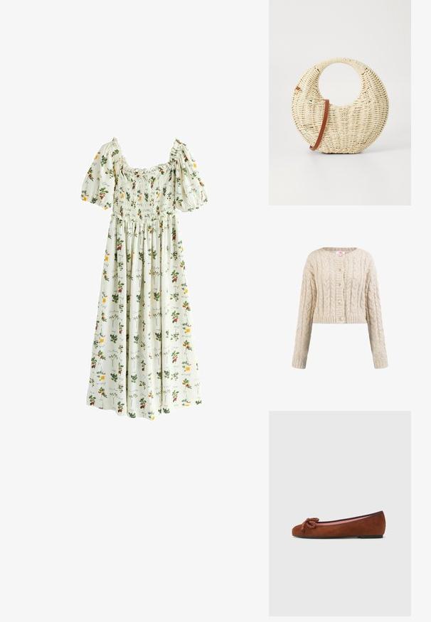 Cardigan beige en tricot avec motifs torsadés, col rond, manches longues, poignets côtelés et cinq boutons assortis sur le devant.; Robe maxi blanche à manches bouffantes, corsage froncé, motifs floraux et fruitiers multicolores avec texte en écriture cursive.; Ballet flat en cuir suédé marron avec un bout arrondi, dotée d'un nœud décoratif à l'avant et d'une doublure intérieure rose contrastante. Semelle plate.; Sac à main tressé rond en paille naturelle avec une finition texturée. Dispose d'une bandoulière en cuir marron lisse et d'une poignée circulaire.