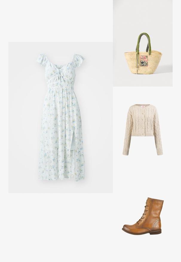 Beige strikket cardigan med kabelmønstre, rund halsudskæring, lange ærmer, ribstrikkede manchetter og fem matchende knapper foran.; Lyseblå blomster-maksikjole med korte flæser på ærmerne, smocket bodice og sideslids. Har små grønne og gule blomstermønstre.; Brune læder ankelstøvler med en glat overflade, rund tå, seks snørehuller og et subtilt præget logo på hælen.; Vævet beige stråtaske med flettede grønne og sorte håndtag og en farverig rektangulær lap foran.