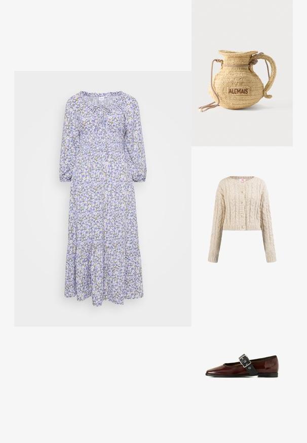 Beige gebreid vest met kabelpatronen, ronde hals, lange mouwen, geribde manchetten en vijf bijpassende knopen aan de voorkant.; Bloemige jurk met een lila basis, met witte en gele bloemen. Lange mouwen, geplooide halslijn en gelaagde zoom. Lichtgewicht stof.; Bordeaux leren ballerina's met een zwarte gespsluiting en een ronde neus, met een lage hak en een gestructureerde afwerking.; Ronde gevlochten strohandtas met een handvat van touw en "ALEMAIS" geborduurd aan de zijkant in bruine draad.