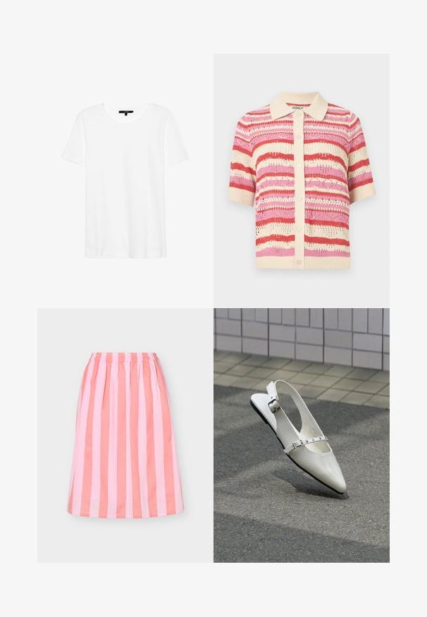 Gebreid vest met korte mouwen, beige kraag en knopenlijst, met horizontale strepen in rood, roze en beige kanten patronen.; Witte t-shirt met korte mouwen en een ronde hals. Gemaakt van zachte stof, heeft het een relaxte pasvorm en een eenvoudig ontwerp zonder patronen of accenten.; Roze en koraal verticale gestreepte knielange rok met elastische tailleband op een effen achtergrond.; Witte puntige slingback platte schoen met twee zilveren gespen, getoond buiten op een getextureerde ondergrond en betegelde muur als achtergrond.