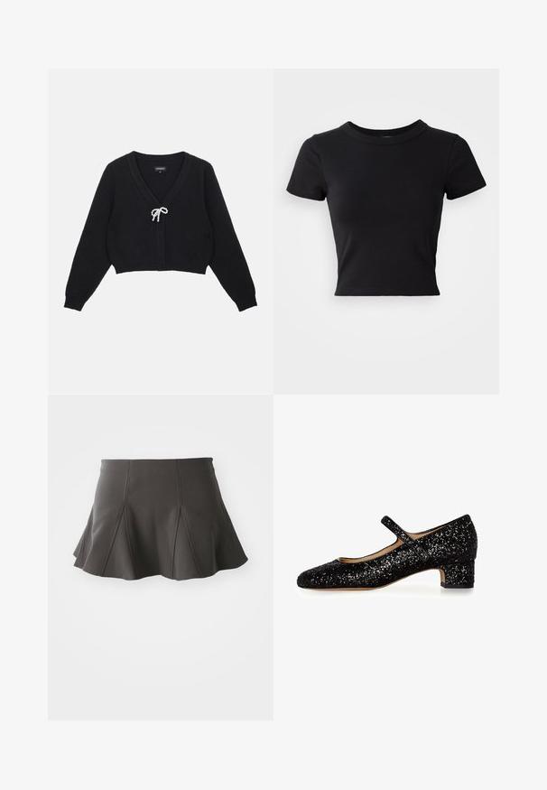Sort cropped cardigan med V-hals, tekstureret stof, lange ærmer og en sløjfe lukning pyntet med perler fortil.; Sort cropped t-shirt lavet af solid bomuld, med korte ærmer og rund halsudskæring, med et glat og enkelt design.; Sort flared nederdel med en tætsiddende talje, der har lodrette syninger og en glat tekstur. Sømmen er let buet og går lige over midten af låret.; Sort glitrende Mary Jane-sko med afrundet tå, lav blokhæl og en enkelt rem hen over vristen. Tekstureret glitrende overflade hele vejen rundt.