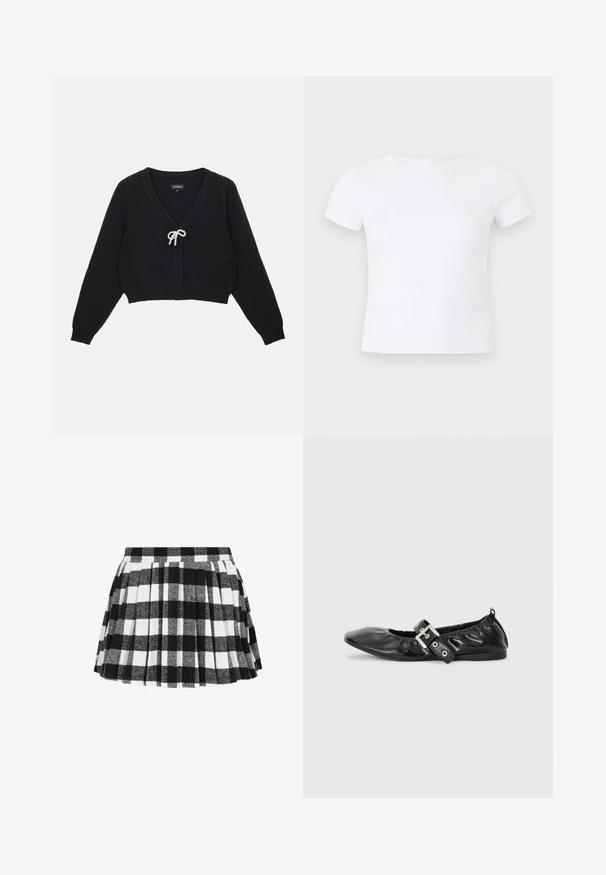Sort cropped cardigan med V-hals, tekstureret stof, lange ærmer og en sløjfe lukning pyntet med perler fortil.; Hvid kortærmet t-shirt med rund hals vist på en neutral lys grå baggrund.; Blandet sort og hvidt ternet nederdel med plisseringer, lavet af et blødt tekstilmateriale med en struktureret overflade og en tætsiddende talje.; Sorte læder flade sko med spids tå, samling detaljer omkring åbningen, og en sølv spænde accent på den justerbare rem.