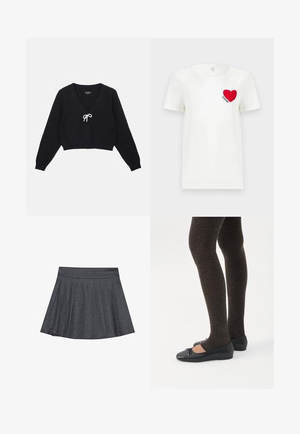 Sort cropped cardigan med V-hals, tekstureret stof, lange ærmer og en sløjfe lukning pyntet med perler fortil.; Hvid T-shirt med korte ærmer, prydet med et rødt hjerte og ordet "AMOUR" trykt på venstre bryst.; Grå stribede skater nederdel med en tætsiddende talje, udformet i A-linje og en blød stofstruktur. Lodrette linjer øger den visuelle interesse.; Ben iført mørke ribbede leggings kombineret med sorte balletsko med små sløjfedetaljer på hvid baggrund.