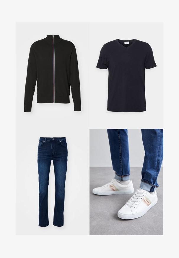 PS Paul Smith ZIP THRU - Mikina so zipsom - blacks; Čierne tričko s výstrihom do V vyrobené z bavlny, s krátkymi rukávmi a voľným strihom. Jednoduchý dizajn, bez vzorov alebo ďalších akcentov.; Tmavomodré džíny s rovnými nohavicami, obsahujúce klasický dizajn s piatimi vreckami a jemné švy.; Biele kožené tenisky s viacfarebnými prúžkami, šnurovací dizajn, gumená podrážka a polstrovaný golier, skombinované s modrými džínami.