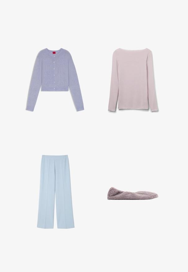 Lys lilla cropped cardigan lavet af blødt strikstof, med rund hals, ærmer i fuld længde og knaplukning foran.; Lyserød langærmet skjorte med bådudskæring, tætsiddende design og ensfarvet struktur vist på hvid baggrund.; Lysblå brede bukser lavet af glat stof; har en flad front med plisser for struktur og ingen synlige lukninger.; Lys lilla slippers med en blød, luksuriøs tekstur, rund form og minimalistisk design. Har en lav profil for nem på- og aftagning.