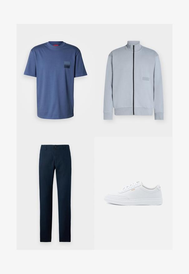 Lichtgrijze jas met rits, hoge kraag, lange mouwen en zwarte rits aan de voorkant, met een klein "BOSS" logo op de borst.; Blauw T-shirt met korte mouwen, gemaakt van zachte katoen, met een vierkante zak en een donkerblauw logo. Klassiek ontwerp met ronde hals.; Donkerblauwe rechte broek met riemlussen, een knoopsluiting en een ritssluiting op een effen lichte achtergrond.; Witte leren sneakers met een gladde textuur, ronde neus en tonale stiksels. Voorzien van blauwe veters en een gouden logo op de zijkant.