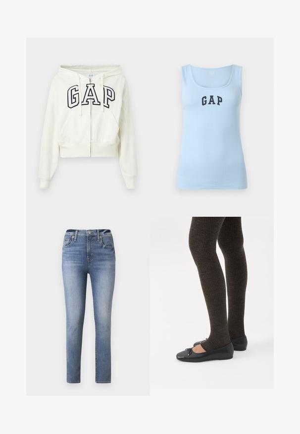 Witte hoodie met ritssluiting, voorzakken en een zwarte "GAP"-logo met omlijning op de borst, voorzien van een capuchon met trekkoorden en geribbelde manchetten.; Lichtblauw ribgebreid hemd met een ronde halslijn en een zwart "GAP"-logo gecentreerd op de borst, afgebeeld op een effen achtergrond.; Lichtblauwe hoge taille jeans met een slim fit, voorzien van vijf zakken en een rits, gemaakt van denim met een gladde textuur.; Benen met donkere geribbelde leggings gecombineerd met zwarte ballerina's met kleine strikdetails op een witte achtergrond.