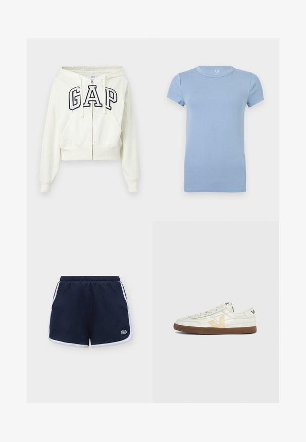 Sweat à capuche blanc zippé avec poches frontales et logo "GAP" contour noir sur la poitrine, doté d'une capuche avec cordon de serrage et de poignets côtelés.; T-shirt bleu clair à manches courtes et col rond, design uni, présenté à plat sur un fond blanc.; Shorts décontractés bleu marine avec bordure blanche, taille élastique, poches latérales et logo blanc "GAP" en bas à l'avant à droite.; Baskets basses couleur crème avec logo "V" beige, détails de couture, semelle marron clair et texte noir sur le talon et le côté de la languette.