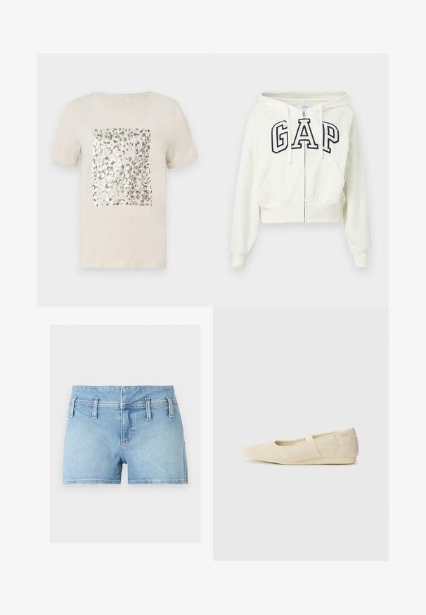 Sweat à capuche blanc zippé avec poches frontales et logo "GAP" contour noir sur la poitrine, doté d'une capuche avec cordon de serrage et de poignets côtelés.; T-shirt beige à manches courtes avec un imprimé animal en argent carré au centre. Matière en coton doux, col rond classique.; Short en denim bleu clair avec passants de ceinture, fermeture éclair à l'avant et coutures doubles, posé à plat sur un fond neutre.; Ballerines beiges avec une exterior en cuir lisse, un bout en forme d'amande et une sangle élastique sur le coup de pied, avec des détails de couture subtils.