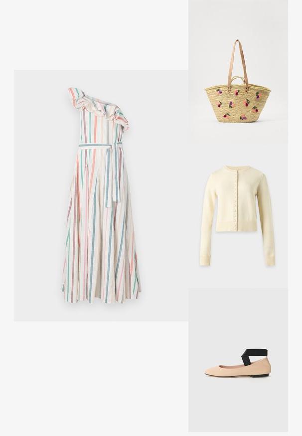 Cardigan en maille couleur crème à manches longues, col rond et rangée de boutons recouverts de tissu sur le devant. Longueur raccourcie avec poignets et ourlet côtelés.; Robe une épaule rayée avec un col à volants, présentant des rayures verticales dans des couleurs pastel, taille cintrée avec une ceinture assortie, et jupe fluide.; Ballerines en cuir beige avec un bout pointu et une sangle noire autour de la cheville, présentant une texture lisse et un design minimaliste.; Sac en paille tissé avec des poignées en cuir, orné de broderies florales colorées en rose, violet et vert. Design ouvert.