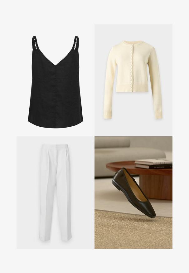 Cardigan en maille couleur crème à manches longues, col rond et rangée de boutons recouverts de tissu sur le devant. Longueur raccourcie avec poignets et ourlet côtelés.; Haut noir sans manches avec col en V et bretelles froncées, en tissu léger.; Pantalons blancs ajustés à coupe droite, avec des plis avant, deux poches latérales et une taille épurée pour un look soigné.; Chaussure plate en cuir noir avec bout carré arrondi sur un tapis tissé beige, avec une table basse en bois et des livres empilés en arrière-plan.