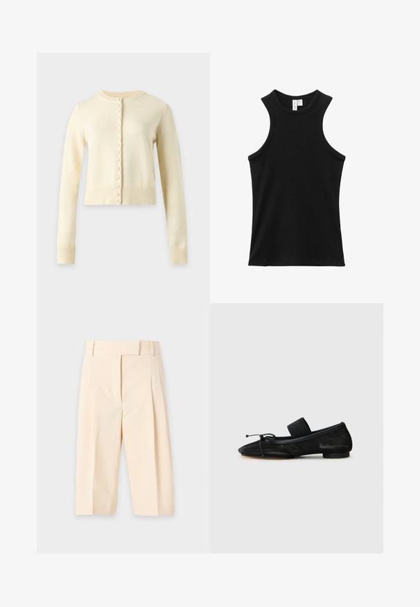 Cardigan en maille couleur crème à manches longues, col rond et rangée de boutons recouverts de tissu sur le devant. Longueur raccourcie avec poignets et ourlet côtelés.; Débardeur noir côtelé sans manches avec un col rond haut et des emmanchures légèrement style dos nageur.; Pantalon cropped beige taille haute avec passants de ceinture, plis à l'avant et fermeture avant dissimulée.; Chaussure plate noire avec un bout pointu, fabriquée en tissu texturé, avec un accent à nœud et un petit talon rond. Sangle élastique au niveau de la cheville.