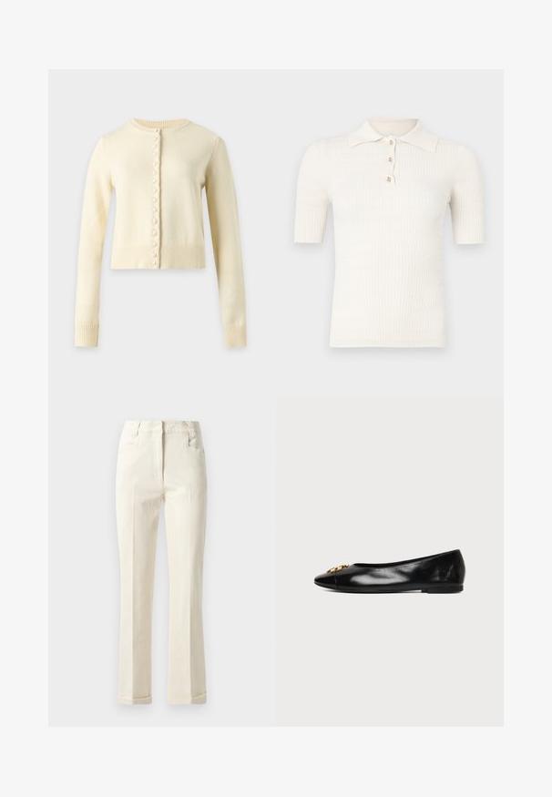 Cardigan en maille couleur crème à manches longues, col rond et rangée de boutons recouverts de tissu sur le devant. Longueur raccourcie avec poignets et ourlet côtelés.; Polo crème côtelé à manches courtes, doté d'un col plat et de trois boutons décoratifs au niveau de l'encolure. Texture lisse.; Pantalons beiges à jambe droite en tissu mélangé coton, avec une taille mi-haute, des poches avant et une texture subtile à la surface.; Chaussure plate en cuir noir avec un bout pointu et un emblème décoratif doré sur fond blanc uni.