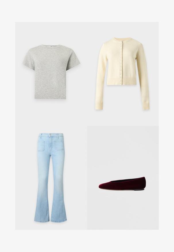 Cardigan en maille couleur crème à manches longues, col rond et rangée de boutons recouverts de tissu sur le devant. Longueur raccourcie avec poignets et ourlet côtelés.; T-shirt gris clair à manches courtes, col rond, ourlet droit et tissu doux et texturé.; Jean en denim bleu clair avec une taille haute, des poches plaquées à l'avant et des jambes évasées sur un fond neutre.; Ballerines en velours bordeaux avec un bout arrondi et un talon bas, présentant une texture lisse et un design élégant.