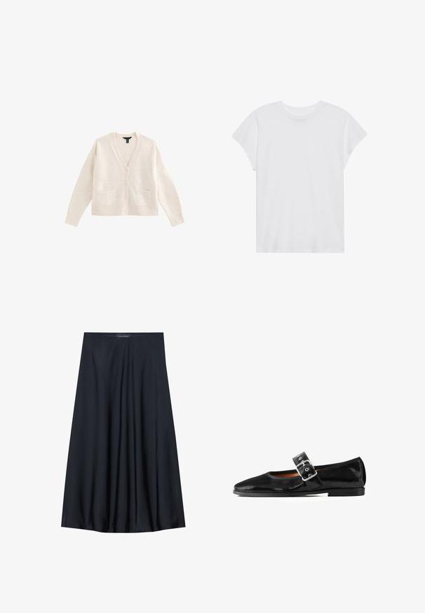 Cardigan couleur crème, texture douce, col en V, cinq boutons sur le devant, deux poches avant, manches longues.; T-shirt blanc à manches courtes, col rond, coupe décontractée, en tissu de coton doux. Texture lisse, sans motifs ni logos.; Jupe noire, arrivant aux genoux, en tissu léger avec un design fluide. Présente une texture lisse et de subtils plis pour un détail supplémentaire.; Ballerine Mary Jane en cuir verni noir, bout arrondi, bride avec boucle réglable, surface texturée, semelle fine à faible relief.