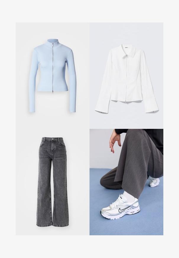 Lichtblauw lange mouwen top met een hoge kraag en ritssluiting aan de voorkant, gemaakt van geribbelde stof, aansluitend ontwerp, gladde textuur en minimalistische stijl.; Wit lang mouwen shirt met een kraag en een rits aan de voorkant. Heeft uitlopende manchetten en een gladde, katoenmengseltextuur.; Wijde grijze denim broek met een hoge taille, voorzien van traditionele vijf-pocket styling en een subtiele vervaagde afwerking.; Witte en zilveren sport schoenen van mesh en synthetische materialen, met zwarte accentlijnen, veters en gestructureerde zolen.