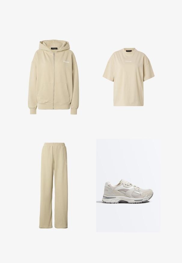 Beige Kapuzenpullover mit Reißverschluss, Vordertaschen, gerippten Bündchen und Saum, Kapuze und "Pegador"-Logo auf der linken Brust.; Beiges übergroßes T-Shirt mit kurzen Ärmeln, Rundhalsausschnitt und kleinem weißem "REGARD"-Logo in der Mitte auf der Brust.; Beige gerippte Hosen mit weitem Bein, elastischem Bund und dezentem kleinem weißen Logo am oberen Oberschenkel.; Beige-weißer Sportschuh mit Mesh- und Wildlederpaneelen, Schnürverschluss und dicker, gepolsterter Sohle mit grauem Profil.