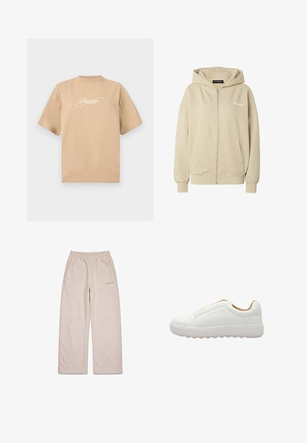 Beige hoodie met ritssluiting, voorzakken, geribbelde manchetten en zoom, capuchon en "Pegador"-logo op de linkerborst.; Beige katoenen t-shirt met korte mouwen, ronde halslijn en witte cursieve tekst op de voorkant met de tekst "Pegador Dreams Come True."; Beige sweatpants met wijde pijpen, elastische tailleband en zijzakken, met een klein geborduurd merklogo op de rechterdij.; Witte lage sneaker met gestructureerde leren bovenkant, dikke zool en beige binnenvoering, gezien van de buitenkant.