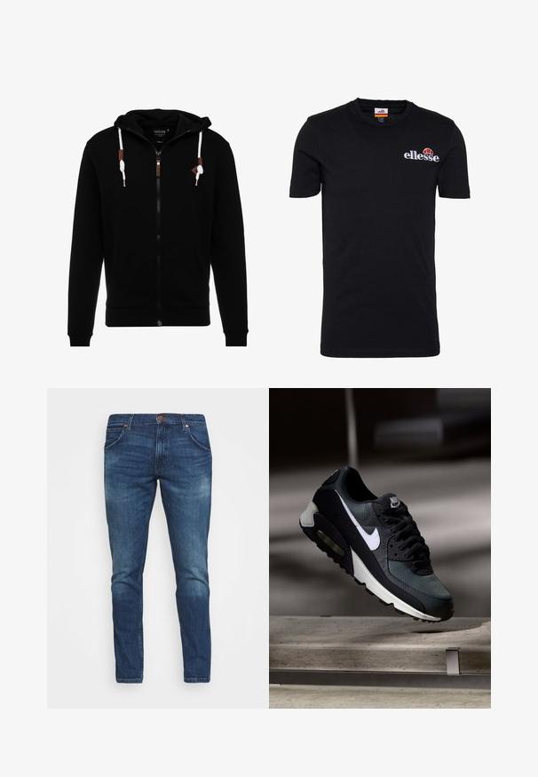 Schwarzer Reißverschluss-Hoodie aus weichem Stoff, mit einer Kapuze mit Kordelzug, Fronttaschen und Lederakzenten am Reißverschluss und den Kordeln.; Schwarzes Kurzarm-T-Shirt aus Baumwolle. Verfügt über einen runden Halsausschnitt und ein gesticktes "ellesse"-Logo mit roten und orangefarbenen Akzenten.; Dunkelblaue Denim-Jeans mit schlanker Passform, leicht verblasst, mit knopfbeschichtetem Bund und fünf praktischen Taschen.; Schwarzer und grauer Nike Air Max Sneaker mit weißem Swoosh, schwebend über einer Betonfläche vor einem verschwommenen dunklen Hintergrund.