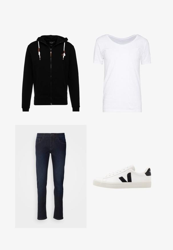 Zwarte zip-up hoodie gemaakt van zachte stof, met een trekkoordkap, voorkeurszakken en leren accenten op de rits en trekkoorden.; Witte korte mouwen t-shirt, ronde halslijn, zachte textuur, ontspannen pasvorm, gemaakt van lichtgewicht stof met een lichte rek. Geen patronen of accenten.; Donkerblauwe denim jeans met een rechte pijp, voorzien van voorzakken, een ritssluiting en subtiele stikdetails.; Witte leren sneaker met zwarte suède accenten; voorzien van een rubberen zool, ronde neus en een klassieke vetersluiting. Zijkant met logo in het zwart.