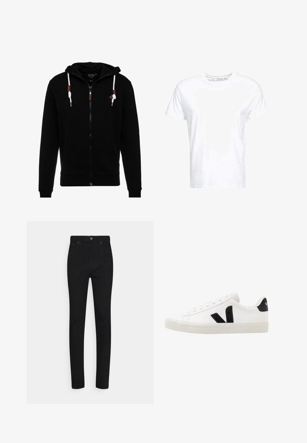 Sudadera negra con cremallera, fabricada en tejido suave, que cuenta con capucha ajustable, bolsillos frontales y detalles de cuero en la cremallera y los cordones.; Camiseta de algodón blanca con cuello redondo y mangas cortas, con un corte clásico y una textura suave. Sin patrones ni elementos metálicos visibles.; Jeans skinny de mezclilla negra con cintura alta, con cierre de botón en la parte delantera y cinco bolsillos. Textura suave y ajuste entallado.; Zapatilla de cuero blanca con acentos de ante negro; presenta una suela de goma, puntera redonda y un diseño clásico de cordones. Logo lateral en negro.