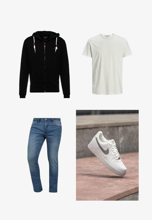 Zwarte zip-up hoodie gemaakt van zachte stof, met een trekkoordkap, voorkeurszakken en leren accenten op de rits en trekkoorden.; Witte T-shirt met korte mouwen, gemaakt van biologisch katoen. Heeft een ronde halslijn en een relaxte pasvorm, met een eenvoudige, gladde textuur.; Slim-fit blauwe denim jeans met een vervaagde was, vijf zakken ontwerp en een metalen knoopsluiting. De stof heeft een lichte textuur en stikdetails.; Witte Nike Air Force 1 sneaker met grijs swoosh-logo zwevend boven een stenen oppervlak en een grijze stenen muur op de achtergrond.
