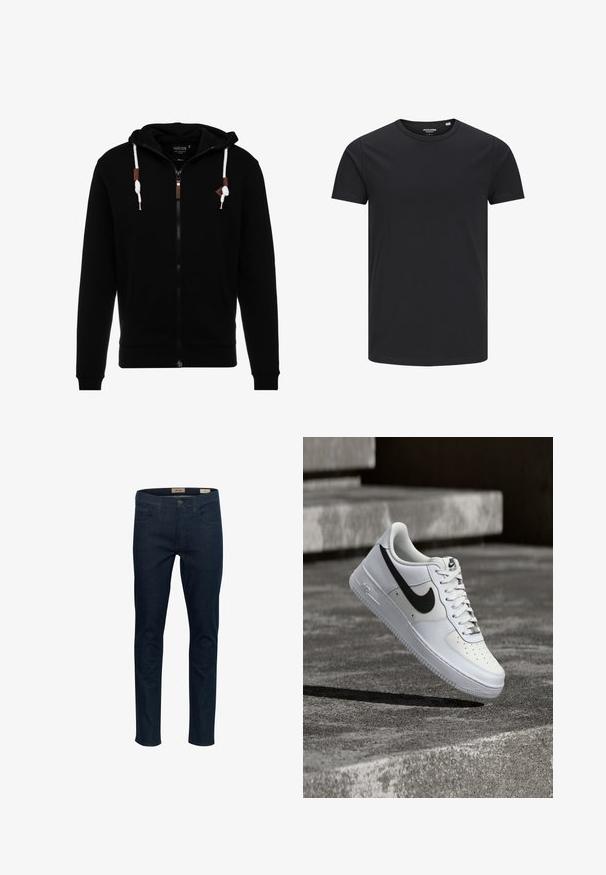 Schwarzer Reißverschluss-Hoodie aus weichem Stoff, mit einer Kapuze mit Kordelzug, Fronttaschen und Lederakzenten am Reißverschluss und den Kordeln.; Schwarzes Baumwoll-T-Shirt mit Rundhalsausschnitt, kurzen Ärmeln und schlichtem Design. Glatte Textur, keine Muster oder sichtbare Beschläge.; Dunkelblaue Jeans aus Denim im Slim-Fit-Schnitt, mit fünf Taschen und einem Knopfverschluss vorne. Merkmale sind feine Nähte und eine glatte Textur.; Weißer Nike Air Force 1 Sneaker mit schwarzem Swoosh, geschnürten Schnürsenkeln, schwebend in der Luft über einer strukturierten Betonoberfläche im Freien.