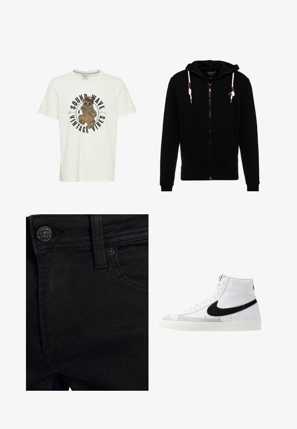 Zwarte zip-up hoodie gemaakt van zachte stof, met een trekkoordkap, voorkeurszakken en leren accenten op de rits en trekkoorden.; Witte katoen T-shirt met een grafiek van een beer in een zonnebril en een hoed, met de tekst "SOUND WAVE VINTAGE VIBES" in vette letters.; Zwarte denim jeans met een gladde textuur, voorzien van een metalen knoop en ton-sur-ton stiksels. Zakken aan de zijkant zichtbaar nabij de tailleband.; Witte hoge sneakers met een zwarte swoosh, textuur grijze neus en een vlakke witte zool. Kenmerkt zes veteropeningen en gestikte accenten.