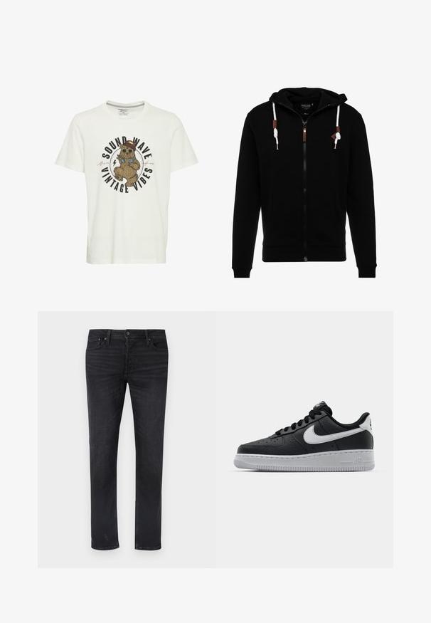Schwarzer Reißverschluss-Hoodie aus weichem Stoff, mit einer Kapuze mit Kordelzug, Fronttaschen und Lederakzenten am Reißverschluss und den Kordeln.; Weißes Baumwoll-T-Shirt mit einem Grafikdruck eines Bären in Sonnenbrille und Hut, mit dem Text "SOUND WAVE VINTAGE VIBES" in fetter Schrift.; Schwarze Jeans aus Denim mit geradem Bein, ausgestattet mit fünf Taschen, einem Taillenbund in mittlerer Höhe und dezenten Verwaschungseffekten.; Schwarze Ledersneaker mit strukturierten Oberflächen, weißem Nike-Swoosh, grauer Sohle, runder Zehenpartie und Schnürdesign. Verfügt über Perforationen an der Zehenbox.