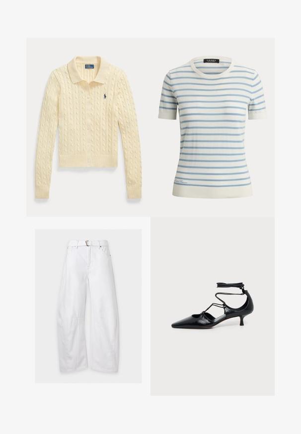 Cardigan crème à manches longues en maille torsadée avec col, ouverture à boutons devant, poignets côtelés et petit logo marine sur la poitrine côté gauche.; Haut en maille blanche à manches courtes avec des rayures horizontales bleu clair et un col rond, présentant un petit logo brodé près de l'ourlet.; Pantalon blanc à jambes larges avec ceinture, poches avant et coutures visibles au niveau des genoux, présenté sur un fond uni.; Chaussure noire à bout pointu et talon kitten avec brides autour de la cheville et détails découpés sur les côtés, présentée sur un fond uni clair.
