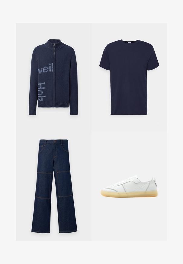 Marineblaue Zip-Jacke mit geripptem Kragen und Bündchen, auf der Vorderseite mit hellblauer Schrift. Weicher Stoff und bequeme Passform.; Marineblaues T-Shirt mit kurzen Ärmeln aus weichem Stoff. Es hat einen Rundhalsausschnitt und einen geraden Schnitt ohne Muster oder Akzente.; Dunkelblaue Denim-Hosen mit weit geschnittenem Bein und kontrastierender orangefarbener Naht, die große aufgesetzte Taschen an jedem Bein und einen Knopfverschluss an der Taille aufweisen.; Weißer flacher Ledersneaker mit beiger durchsichtiger Sohle, Schnürung vorne und minimalen Nähten, seitlich auf schlichtem Hintergrund gezeigt.