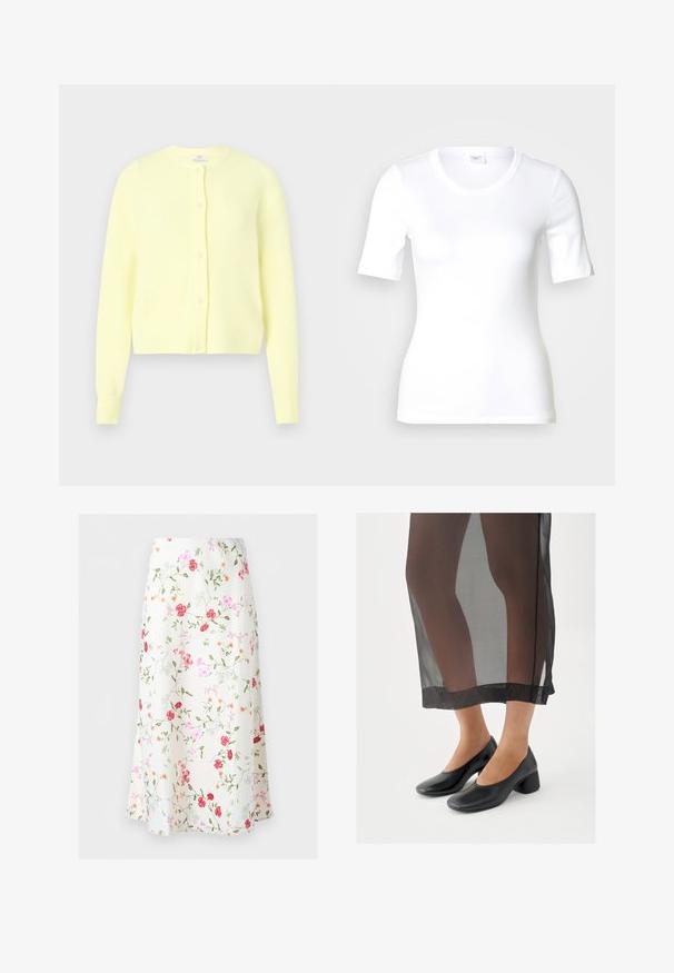 Gul ribbet cardigan med rund halsudskæring, lange ærmer og knaplukning foran med små perle-lignende knapper. Blød tekstur.; Hvid T-shirt med korte ærmer lavet af glat bomuld, med rund halsudskæring og en tætsiddende pasform. Klassisk design uden mønstre eller detaljer.; Hvid midi-nederdel med rød, pink og orange blomsterprint og grønne bladranker, A-formet silhuet med let vidde forneden.; Sorte sko med blokhæle og glat læderfinish, båret med et gennemsigtigt sort skørt med en ren kant og minimalistisk design.