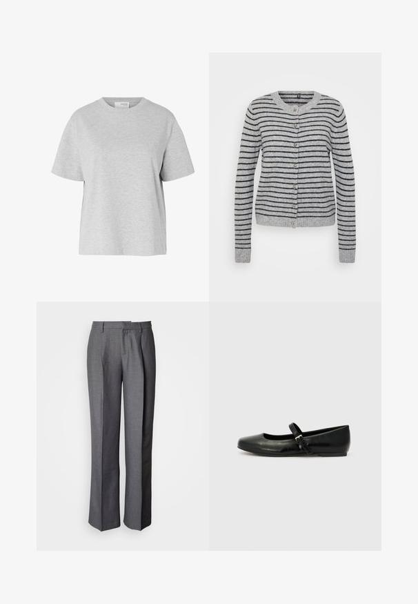 Grå cardigan med sorte vandrette striber, rund halsudskæring og knaplukninger. Blød tekstur med ribbede manchetter og kant.; Lysegrå T-shirt med korte ærmer og rund hals, løs pasform og uden synlige mønstre eller logoer.; Grå skræddersyede bukser med flad front, lige ben og subtil tekstur; har sidelommer og en glat linning.; Sorte læder balletflade med rund tå, flad sål og en tynd justerbar rem over svangen med en metalspænde.