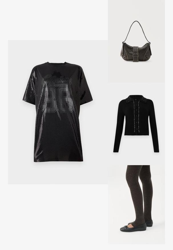 Sort cropped cardigan lavet af blødt stof, med krave, knaplukning og prydet med sølvnitter langs midten og skuldrene.; Sort mesh t-shirt med oversized pasform, rund halsudskæring og "Glorious 36" grafik i glansfuld sort print på forsiden.; Ben iført mørke ribbede leggings kombineret med sorte balletsko med små sløjfedetaljer på hvid baggrund.; Sort læder skuldertaske med spænde på remmen, afrundede kanter og kontrasterende hvide syninger på en ensfarvet baggrund.