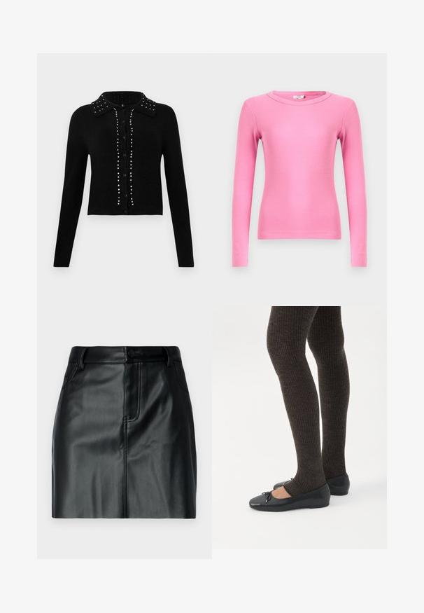 Cardigan court noir en tissu doux, avec un col, une fermeture à boutons et orné de clous en argent le long du centre et des épaules.; Haut ajusté à manches longues en tissu côtelé rose vif, avec un col rond et des poignets sans couture pour une finition lisse.; Jupe courte en cuir noir avec une texture lisse, une taille avec une fermeture à bouton et des poches avant avec des détails cousus.; Jambes portant des leggings côtelés foncés associés à des ballerines noires avec de petits détails en nœud sur fond blanc.