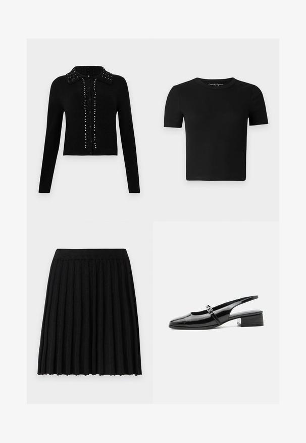 Sort cropped cardigan lavet af blødt stof, med krave, knaplukning og prydet med sølvnitter langs midten og skuldrene.; Sort tætsiddende T-shirt med korte ærmer, ribbet tekstur og rund halsudskæring. Simpelt design uden synlige logoer eller pynt.; Vero Moda Knitted VMMARINA Short - Mini skirts - black; Sort laklæderslingback-sko med lav blokhæl og tynd rem med sølvspænde over toppen.