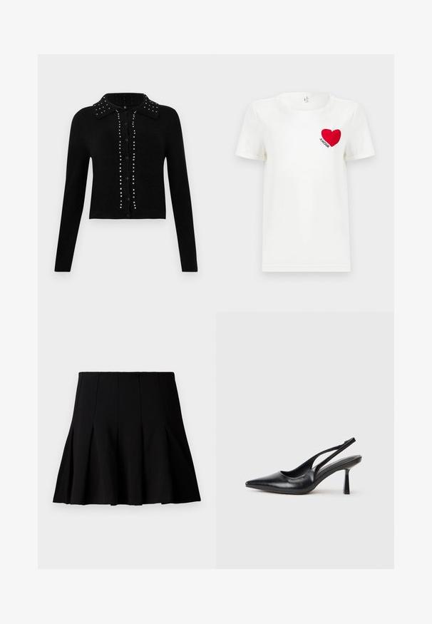 Sort cropped cardigan lavet af blødt stof, med krave, knaplukning og prydet med sølvnitter langs midten og skuldrene.; Hvid T-shirt med korte ærmer, prydet med et rødt hjerte og ordet "AMOUR" trykt på venstre bryst.; Sort kort plisseret nederdel lavet af et glat stof. Har en elastisk talje og en flagrende silhuet, der når til midten af låret.; Sort læderslagback højhælet sko med spids tå og slank hæl på en hvid baggrund.