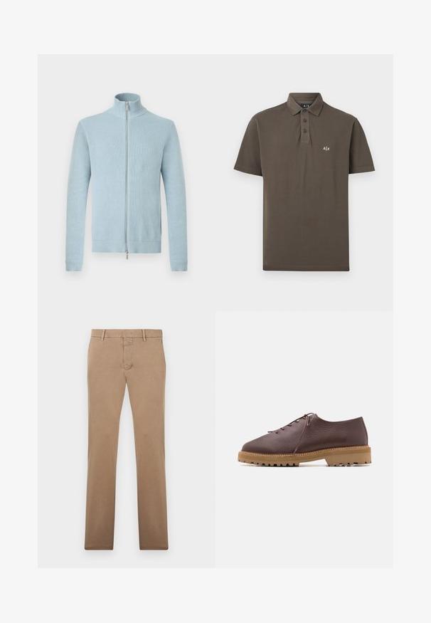 Pull en tricot bleu clair avec fermeture éclair, col montant et poignets et ourlet côtelés, présenté sur un fond blanc.; Polo marron à manches courtes avec trois boutons noirs et petit logo blanc A|X sur la poitrine gauche.; Pantalon beige à jambes droites avec passants de ceinture, fermeture éclair à l'avant et fermeture à bouton, présenté à plat sur un fond blanc.; Chaussures en cuir marron avec une finition texturée, bout rond et semelle en caoutchouc légère dotée d'un motif de crampons en zigzag.