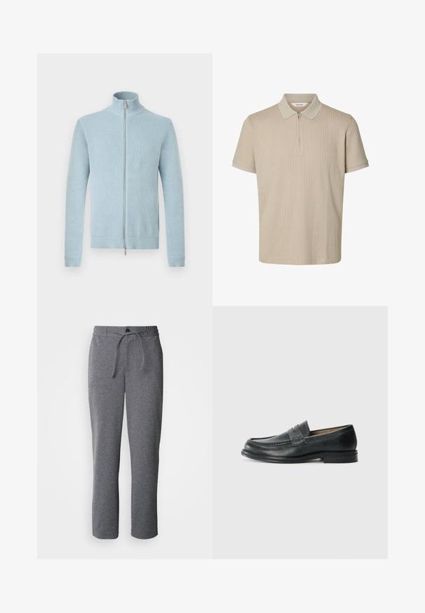 Pull en tricot bleu clair avec fermeture éclair, col montant et poignets et ourlet côtelés, présenté sur un fond blanc.; Polo beige à manches courtes avec une texture côtelée verticale et une courte fermeture éclair devant sous le col.; Pantalons de survêtement gris en tissu doux, dotés d'une taille élastique avec cordon de serrage, de jambes droites et d'un design simple et épuré.; Mocassins en cuir noir au design classique, présentant un accent cousu sur le bout et une semelle en caoutchouc texturée et basse.