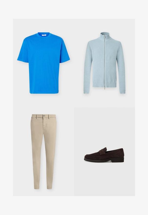 Ανοιχτό μπλε πλεκτό πουλόβερ με φερμουάρ, ψηλό γιακά και rib μανσέτες και στρίφωμα, παρουσιασμένο σε λευκό φόντο.; Φωτεινό μπλε T-shirt με κοντά μανίκια και στρογγυλή λαιμόκοψη, σε χαλαρή εφαρμογή και λευκή ετικέτα με το λογότυπο μέσα στο γιακά.; Μπεζ παντελόνια στενής εφαρμογής με μπροστινό κουμπί και θηλιές για ζώνη, τοποθετημένα επίπεδα σε λευκό φόντο.; Καφέ σουέτ λόφερς με χαμηλό προφίλ και στρογγυλή μύτη. Διαθέτουν διακοσμητική λωρίδα πάνω απ' το παπούτσι, επίπεδη καουτσούκ σόλα και χωρίς ορατές ραφές.