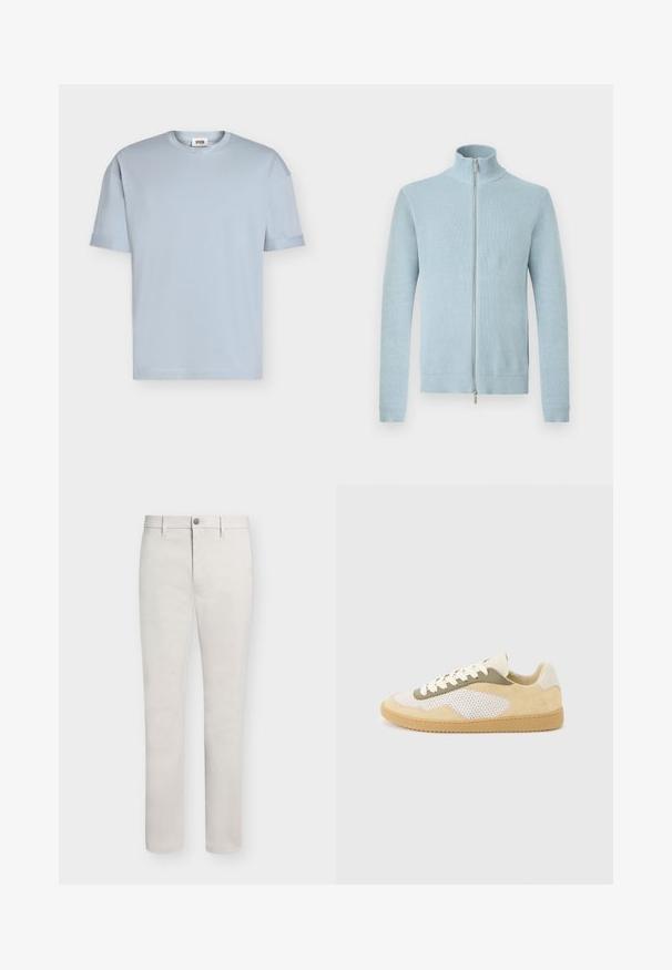 Pull en tricot bleu clair avec fermeture éclair, col montant et poignets et ourlet côtelés, présenté sur un fond blanc.; T-shirt bleu clair à manches courtes et col rond avec une petite étiquette de marque à l'intérieur du col, présenté sur un fond blanc uni.; Pantalon beige slim homme avec passants de ceinture, fermeture par bouton et poches avant, présenté sur fond blanc.; Baskets basses en daim beige, panneaux en maille blanche, accents olive, lacets blancs et semelle en caoutchouc naturel sur fond gris clair.