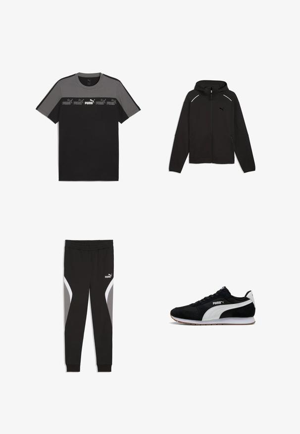 Čierna mikina na zips s kapucňou, dlhými rukávmi, bočnými vreckami a malým logom Puma na prsiach, položená na bielom pozadí.; Čierne a sivé tričko s krátkym rukávom a okrúhlym výstrihom, s opakujúcim sa bielym logom 'PUMA' na hrudi a hladkou bavlnenou textúrou.; Čierne tepláky Puma s elastickým pásom, zúženými manžetami a sivými a bielymi zakrivenými bočnými panelmi, logo Puma na hornej ľavej stehne.; Čierne semišové a sieťové tenisky s bielymi syntetickými akcentmi, s gumovou podrážkou, okrúhlou špičkou a klasickým šnurovaním. Logo na boku.