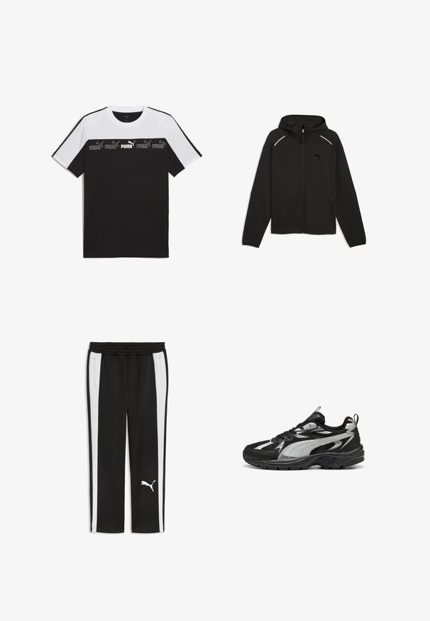 Zwarte zip-up hoodie met capuchon, lange mouwen, zijzakken en klein Puma-logo op de borst, plat neergelegd op een witte achtergrond.; Zwart-wit korte mouwen t-shirt van katoen, met een gedurfde grafische PUMA-logo in het midden en een gestructureerd ontwerp over de borst.; Zwarte trainingsbroek met witte zijkstrepen, elastische tailleband, ritssluitingen aan de zijkanten en wit Puma-logo op het linkerbeen.; Zwart-zilveren sportschoen met vetersluiting, gevoerde zool en aantreklussen op de tong en hiel, zijaanzicht op een witte achtergrond.