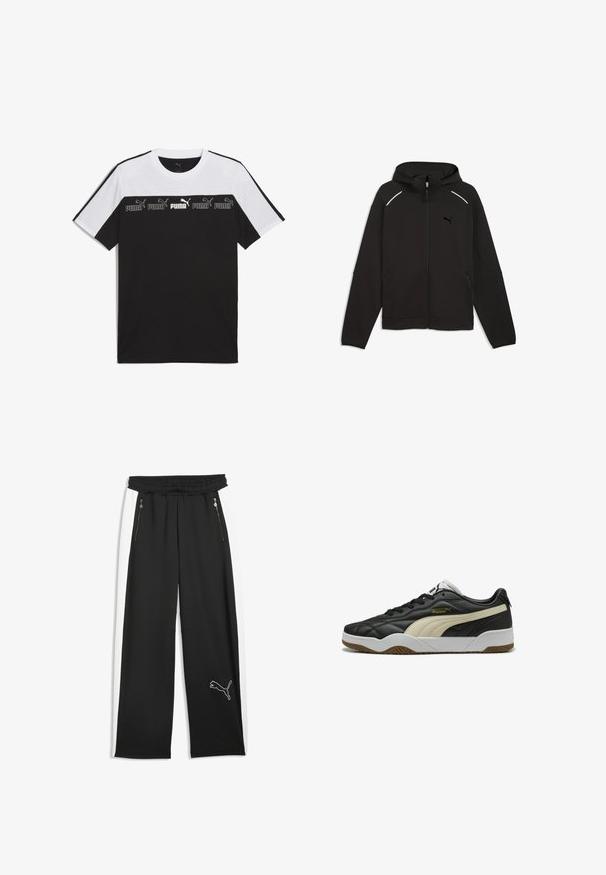 Schwarzer Zip-Hoodie mit Kapuze, langen Ärmeln, Seitentaschen und kleinem Puma-Logo auf der Brust, flach auf weißem Hintergrund liegend.; Schwarz-weiße kurzärmlige T-Shirt aus Baumwolle, mit einem auffälligen PUMA-Logo in der Mitte und einem strukturierten Design auf der Brust.; Schwarze Sporthose mit weißen Seitenstreifen, zwei vorderen Reißverschlusstaschen, elastischem Bund und einem Puma-Logo am unteren linken Bein.; Schwarze Leder-Sneaker mit einem cremefarbenen Streifen, Gummisohle und weißen Akzenten. Verfügt über eine strukturierte Oberfläche und eine Schnürung.